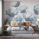 Fotobehang Groep bloemen met blauwe en witte kleuren