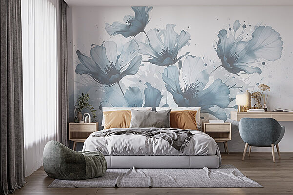 Groep bloemen met blauwe en witte kleuren Fotobehang Groep bloemen met blauwe en witte kleuren