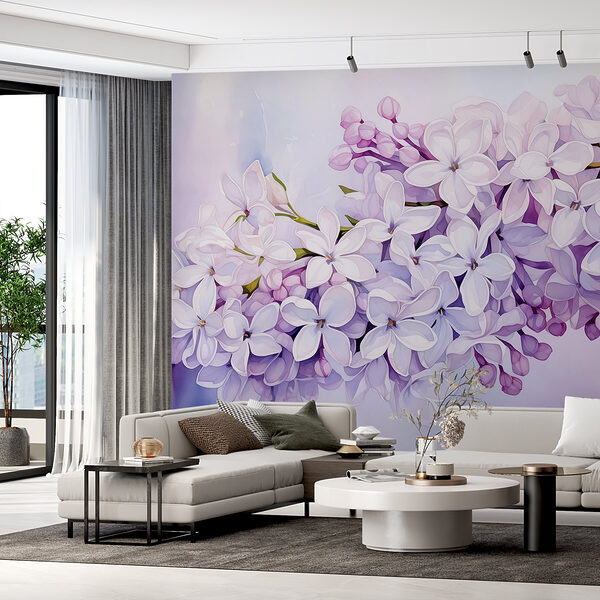 Schilderij van een tak paarse bloemen Fotobehang Schilderij van een tak paarse bloemen