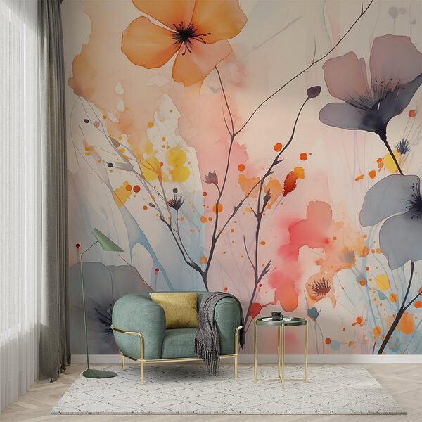 Schilderij van bloemen op een witte achtergrond Fotobehang Schilderij van bloemen op een witte achtergrond