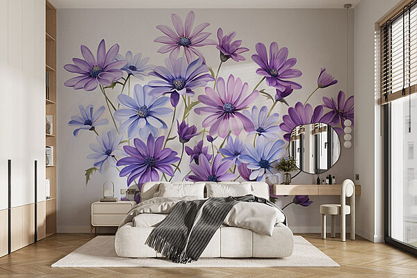 Groep paarse en blauwe bloemen Fotobehang Groep paarse en blauwe bloemen