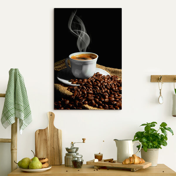 Kopje koffie en koffiebonen Canvas Schilderijen Kopje koffie en koffiebonen