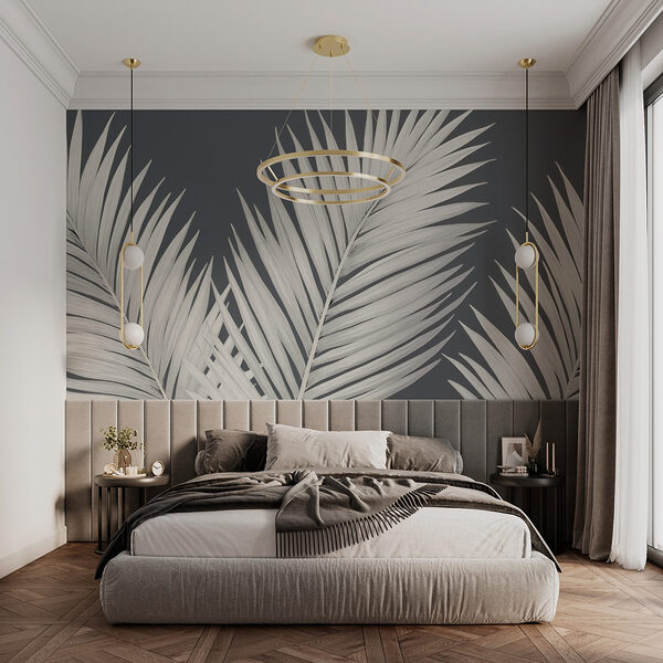 Elegante palmbladeren tegen een grijze achtergrond Fotobehang Elegante palmbladeren tegen een grijze achtergrond