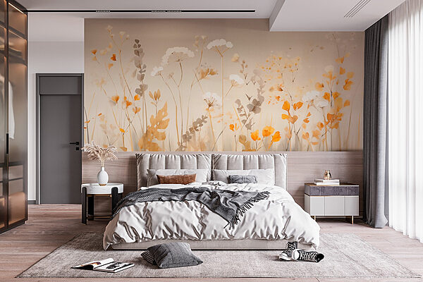 Fotobehang Schilderij van bloemen en bladeren