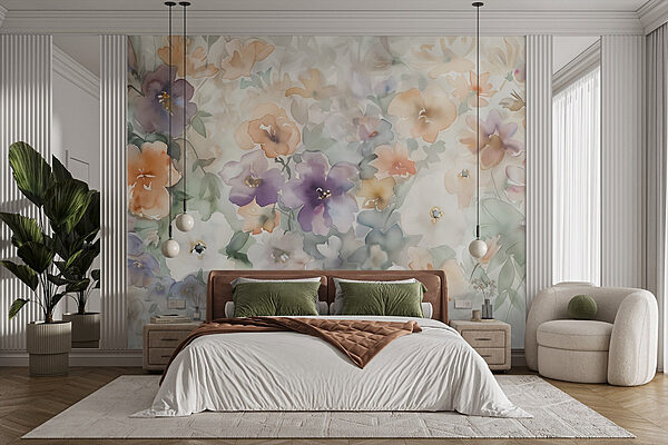 Fotobehang Schilderij van bloemen op een wit oppervlak