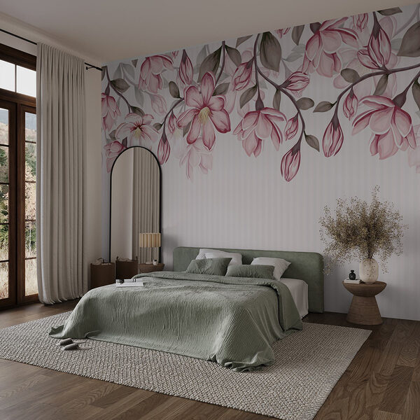 Fotobehang Fotobehang Roze bloemen op een witte achtergrond (Artikelnummer: w02664)