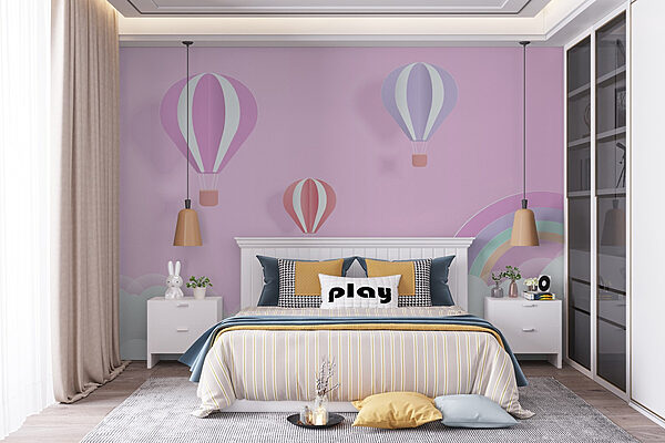 Roze achtergrond met ballonnen en een regenboog Fotobehang Roze achtergrond met ballonnen en een regenboog