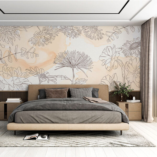 Tekening van bloemen op een aquarelachtergrond Fotobehang Tekening van bloemen op een aquarelachtergrond