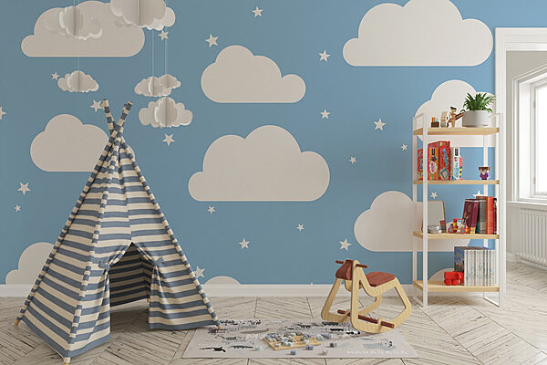 Blauwe lucht met witte wolken en sterren Fotobehang Blauwe lucht met witte wolken en sterren