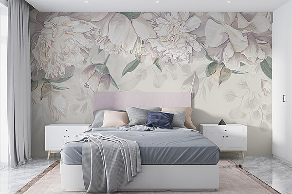 Witte bloemen met groene bladeren Fotobehang Witte bloemen met groene bladeren