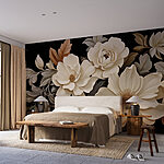 Fotobehang Groep witte bloemen met bruine bladeren