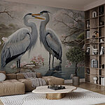 Fotobehang Paar witte vogels in water met roze bloemen