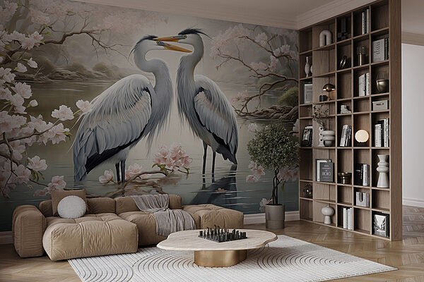 Paar witte vogels in water met roze bloemen Fotobehang Paar witte vogels in water met roze bloemen