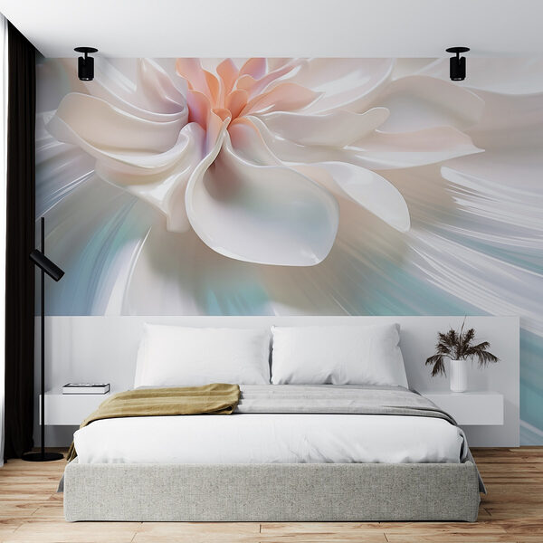 Witte bloem op een wit oppervlak Fotobehang Witte bloem op een wit oppervlak