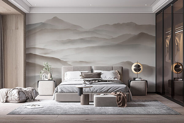 Mistig landschap van heuvels Fotobehang Mistig landschap van heuvels