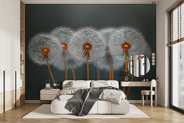 Fotobehang Groep paardenbloemen met zaden