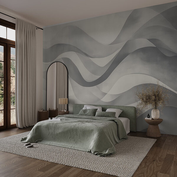 Grijze en witte achtergrond met golvende lijnen Fotobehang Grijze en witte achtergrond met golvende lijnen