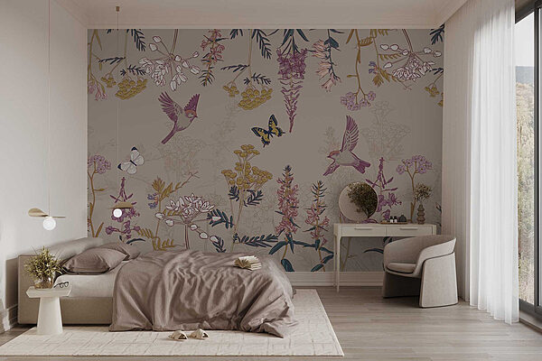 Behang met vogels en bloemen Fotobehang Behang met vogels en bloemen