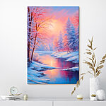Canvas Schilderijen Rivier met besneeuwde bomen en een roze zonsondergang