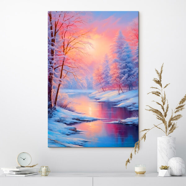 Rivier met besneeuwde bomen en een roze zonsondergang Canvas Schilderijen Rivier met besneeuwde bomen en een roze zonsondergang