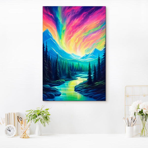 Schilderij van een rivier en bergen met bomen Canvas Schilderijen Schilderij van een rivier en bergen met bomen