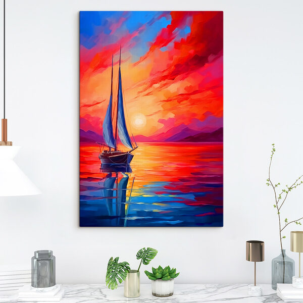 Schilderij van een zeilboot in het water Canvas Schilderijen Schilderij van een zeilboot in het water
