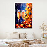 Canvas Schilderijen Schilderij van twee champagneglazen naast een kerstboom