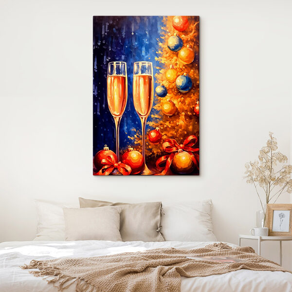 Schilderij van twee champagneglazen naast een kerstboom Canvas Schilderijen Schilderij van twee champagneglazen naast een kerstboom