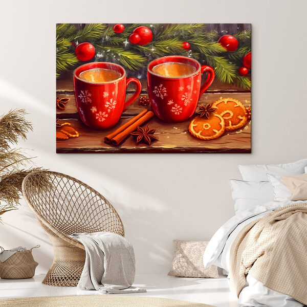 Schilderij van twee rode mokken met witte patronen en kaneelstokjes en anijssterren Canvas Schilderijen Schilderij van twee rode mokken met witte patronen en kaneelstokjes en anijssterren