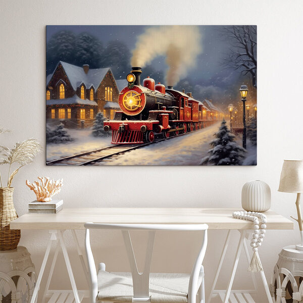 Trein op het spoor in de sneeuw Canvas Schilderijen Trein op het spoor in de sneeuw