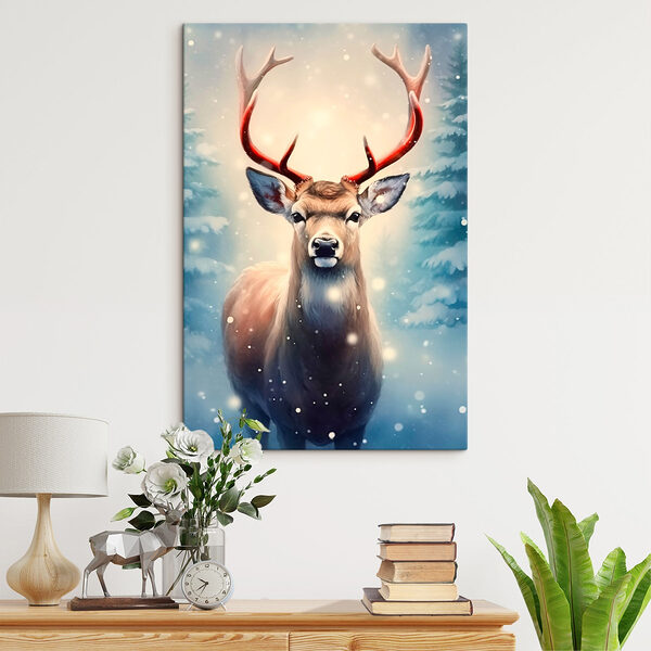 Hert met gewei in een besneeuwd bos Canvas Schilderijen Hert met gewei in een besneeuwd bos