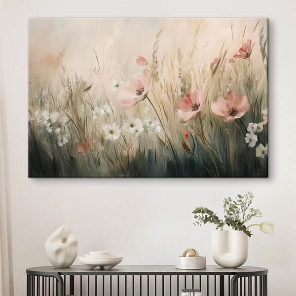 Schilderij van bloemen in een veld Canvas Schilderijen Schilderij van bloemen in een veld