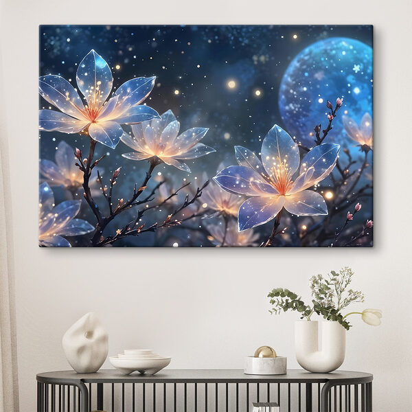 Groep bloemen met gloeiende lichtjes Canvas Schilderijen Groep bloemen met gloeiende lichtjes