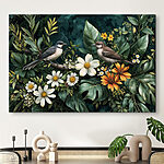 Canvas Schilderijen Vogels op een tak met bloemen