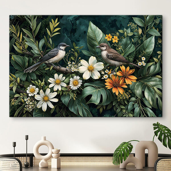 Vogels op een tak met bloemen Canvas Schilderijen Vogels op een tak met bloemen