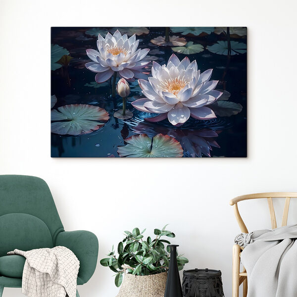 Groep witte bloemen in een vijver Canvas Schilderijen Groep witte bloemen in een vijver