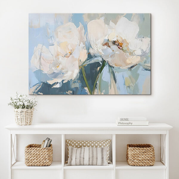 Schilderij van bloemen op een blauwe achtergrond Canvas Schilderijen Schilderij van bloemen op een blauwe achtergrond