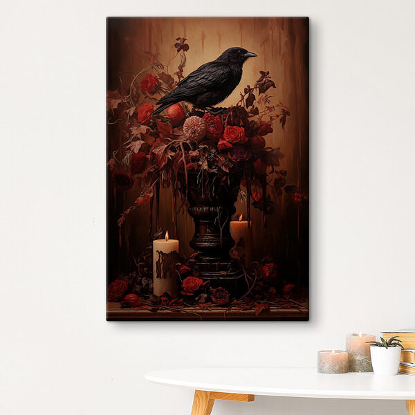 Zwarte vogel zittend op een vaas met bloemen en kaarsen Canvas Schilderijen Zwarte vogel zittend op een vaas met bloemen en kaarsen
