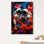 Canvas Schilderijen Twee astronauten in ruimtepakken en bloemen