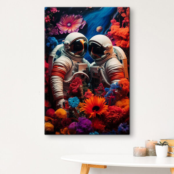 Twee astronauten in ruimtepakken en bloemen Canvas Schilderijen Twee astronauten in ruimtepakken en bloemen
