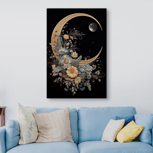 Maan met bloemen en bladeren Canvas Schilderijen Maan met bloemen en bladeren