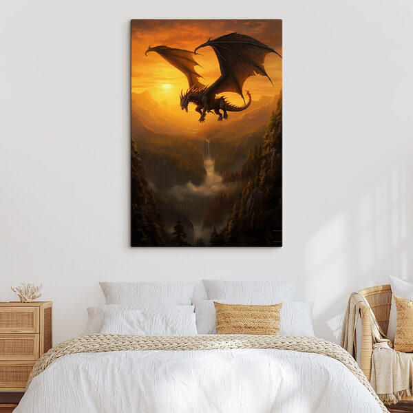 Draak vliegend over een vallei Canvas Schilderijen Draak vliegend over een vallei