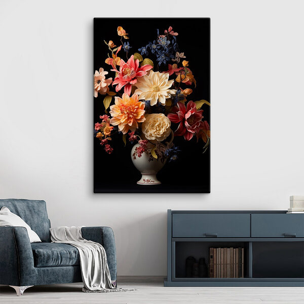 Vaas met bloemen op zwarte achtergrond Canvas Schilderijen Vaas met bloemen op zwarte achtergrond