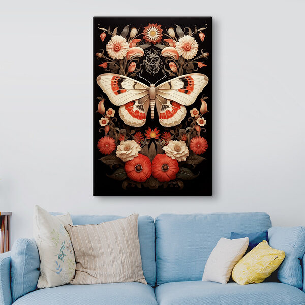 Vlinder en bloemen op zwarte achtergrond Canvas Schilderijen Vlinder en bloemen op zwarte achtergrond