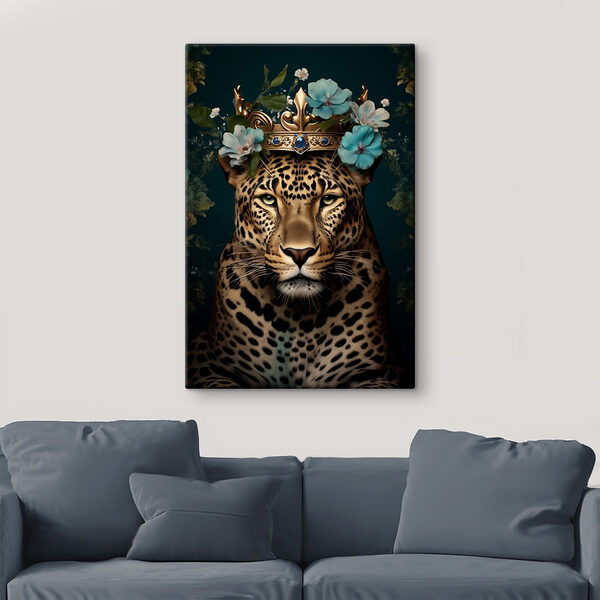 Luipaard met kroon en bloemen Canvas Schilderijen Luipaard met kroon en bloemen