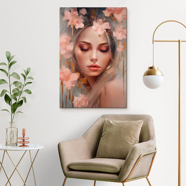Schilderij van een vrouw met bloemen in haar haar Canvas Schilderijen Schilderij van een vrouw met bloemen in haar haar