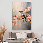 Canvas Schilderijen Vogel op een tak met bloemen