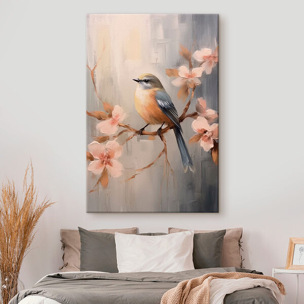 Vogel op een tak met bloemen Canvas Schilderijen Vogel op een tak met bloemen