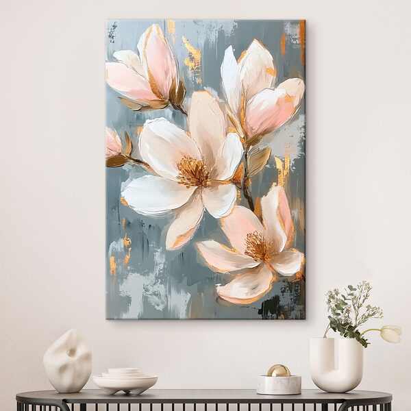 Schilderij van bloemen op een blauwe achtergrond Canvas Schilderijen Schilderij van bloemen op een blauwe achtergrond