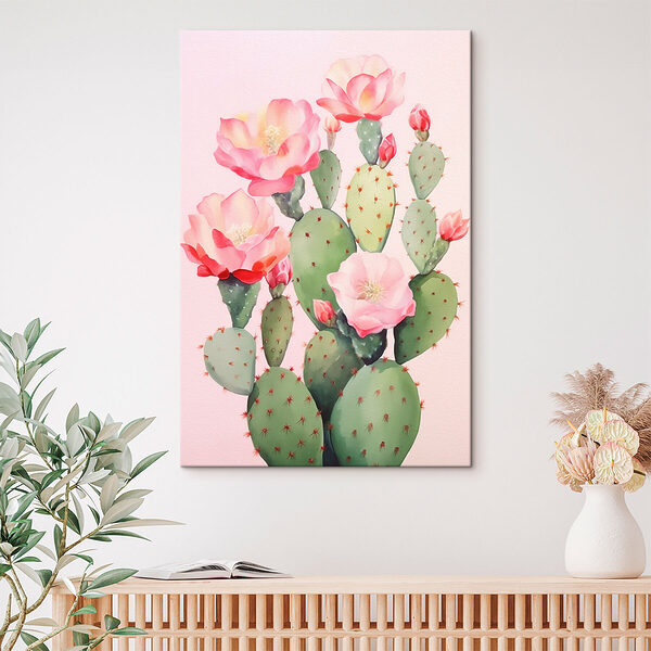 Schilderij van een cactus met bloemen Canvas Schilderijen Schilderij van een cactus met bloemen
